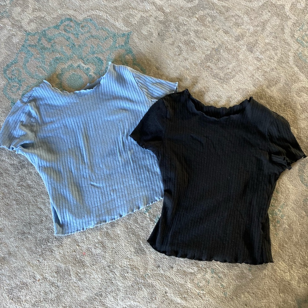 Blue and Black Ribbed Short Sleeve Tops